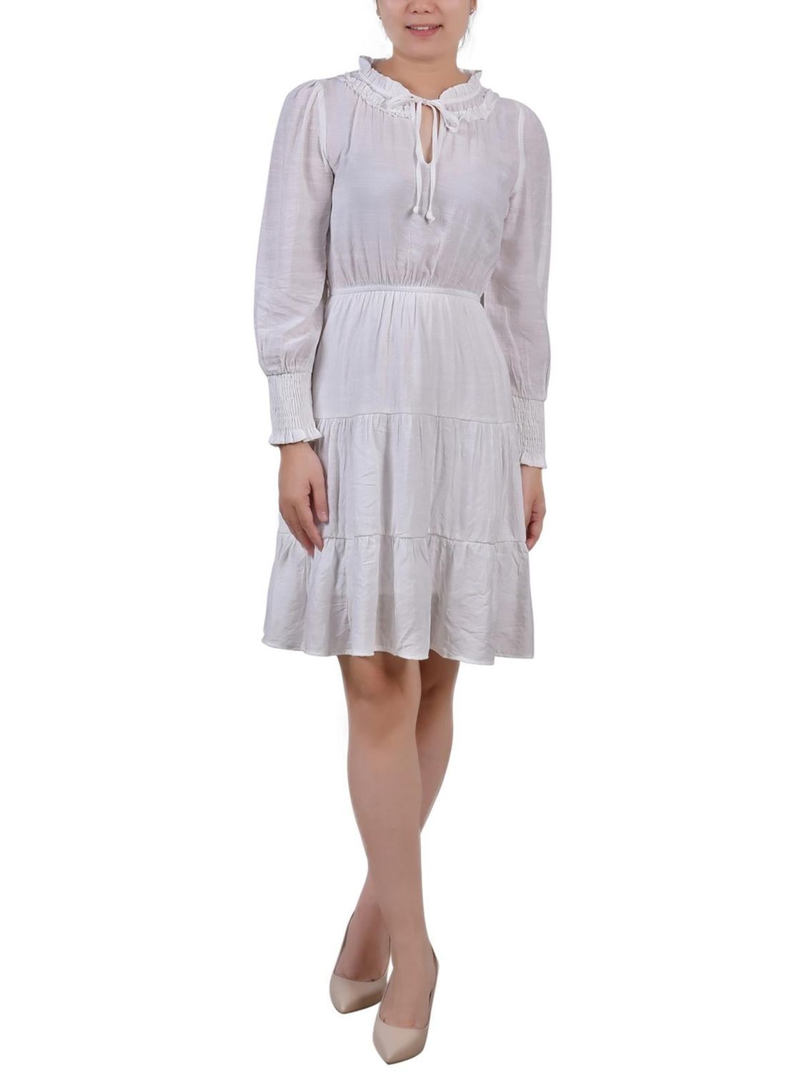 Ny Collection Petite Long Sleeve Tiered Dress with Ruffled Neck - White