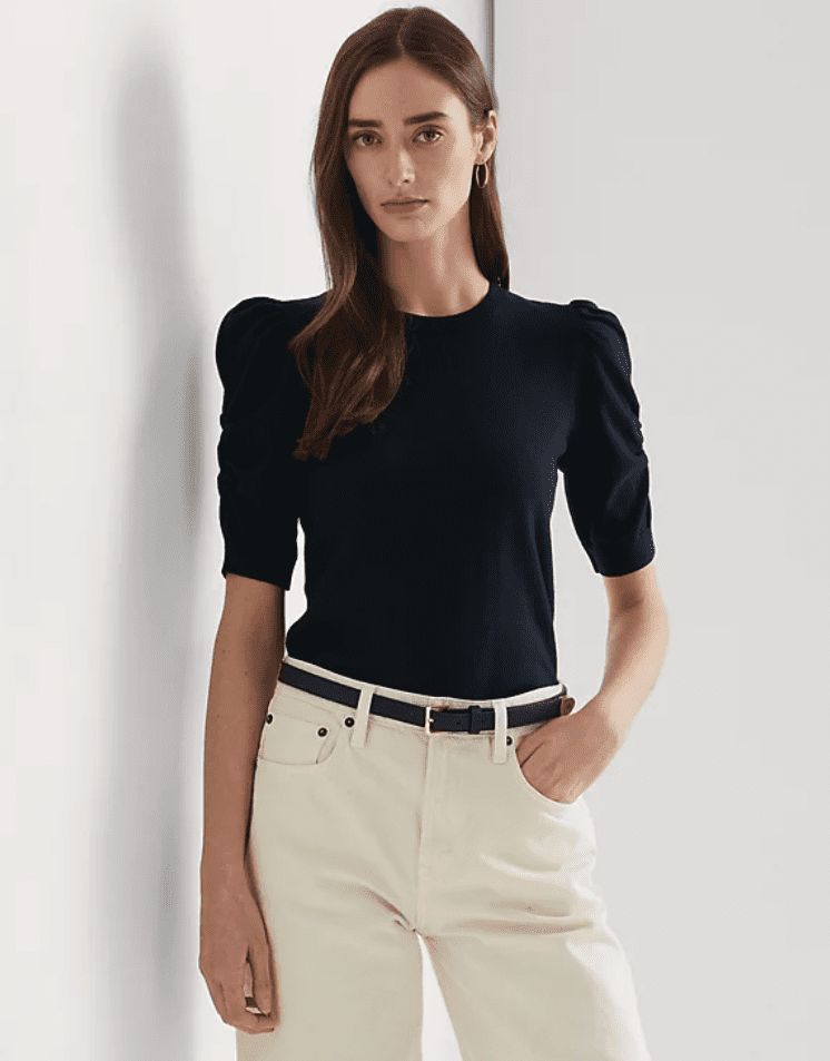 LAUREN Ralph Lauren Cotton-Blend Puff-Sleeve Sweater (Lauren Navy) Women&#39;s Clothing