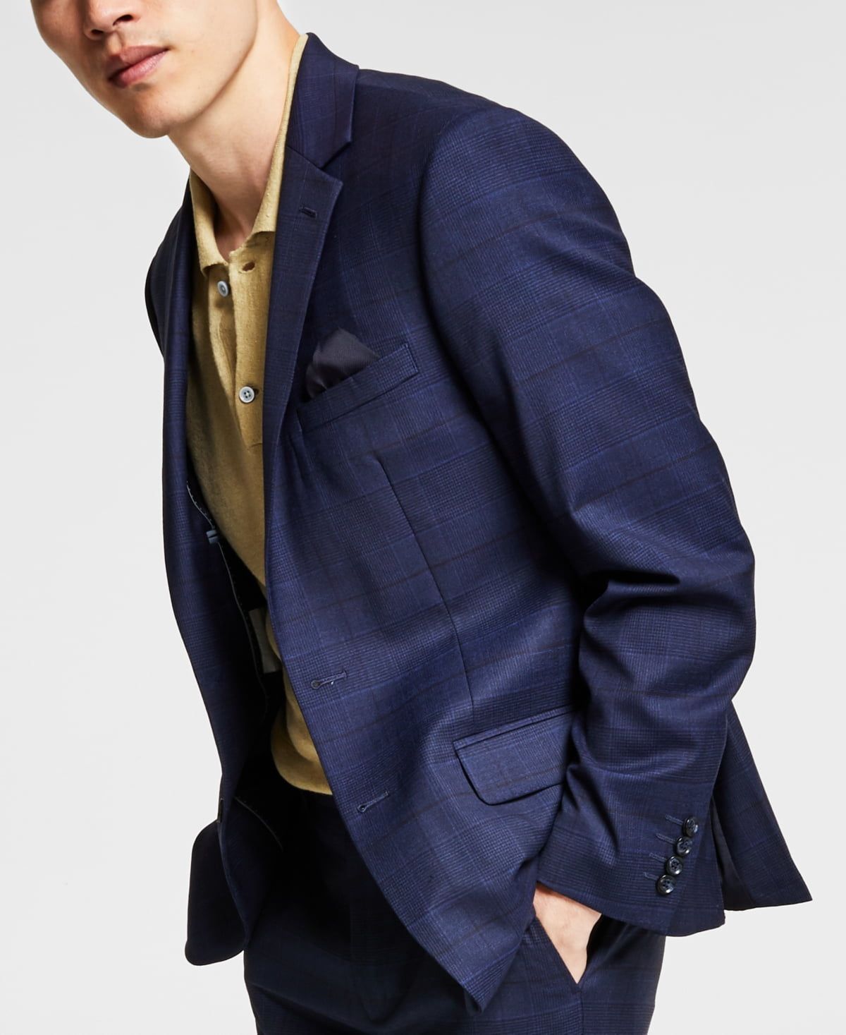 Bar Iii Men&#39;s Skinny Fit Wrinkle-Resistant Wool-Blend Suit Separate Jacket, - Navy Plaid
