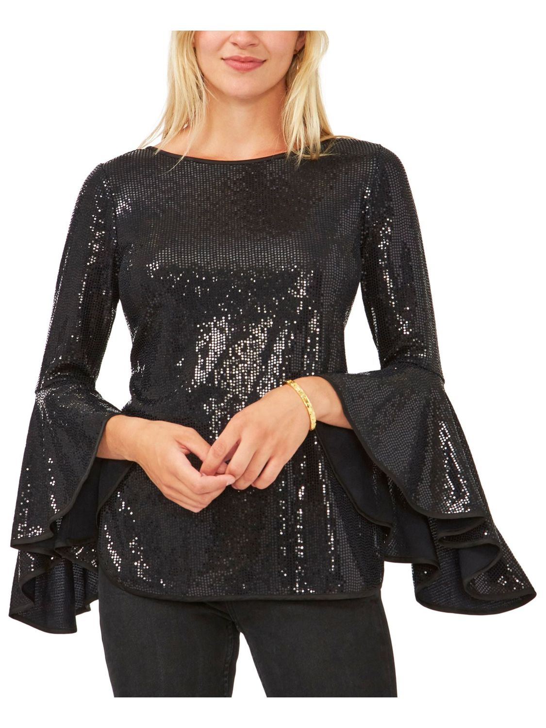 VINCE CAMUTO Womens Black Metallic Textured Sheer Unlined Flutter Sleeve Crew Neck Cocktail Top S