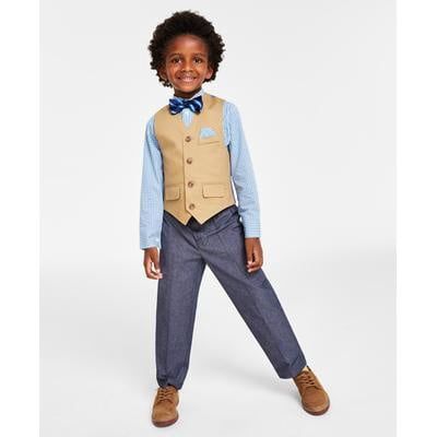 Nautica Little Boys 4-Pc. Plaid Shirt, Twill Vest, Pants &amp; Bow Tie Set - Brown