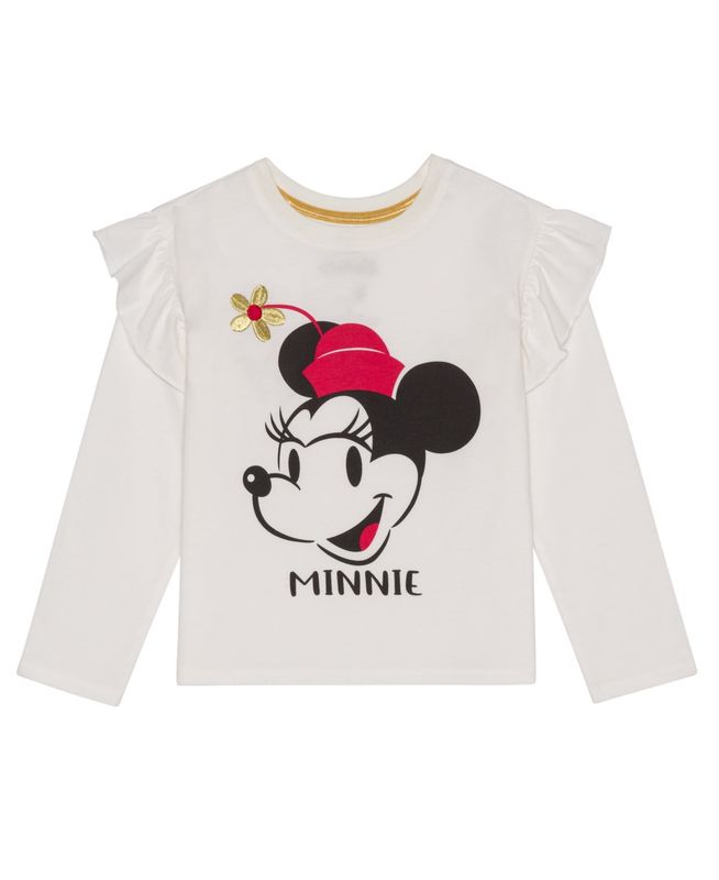 Disney Little Girls Minnie Mouse Head Long Sleeve Ruffle Top - White