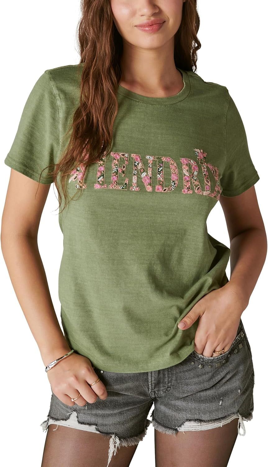 Lucky Brand Women’s Hendrix Floral Classic Crew Tee, Olivine, Small