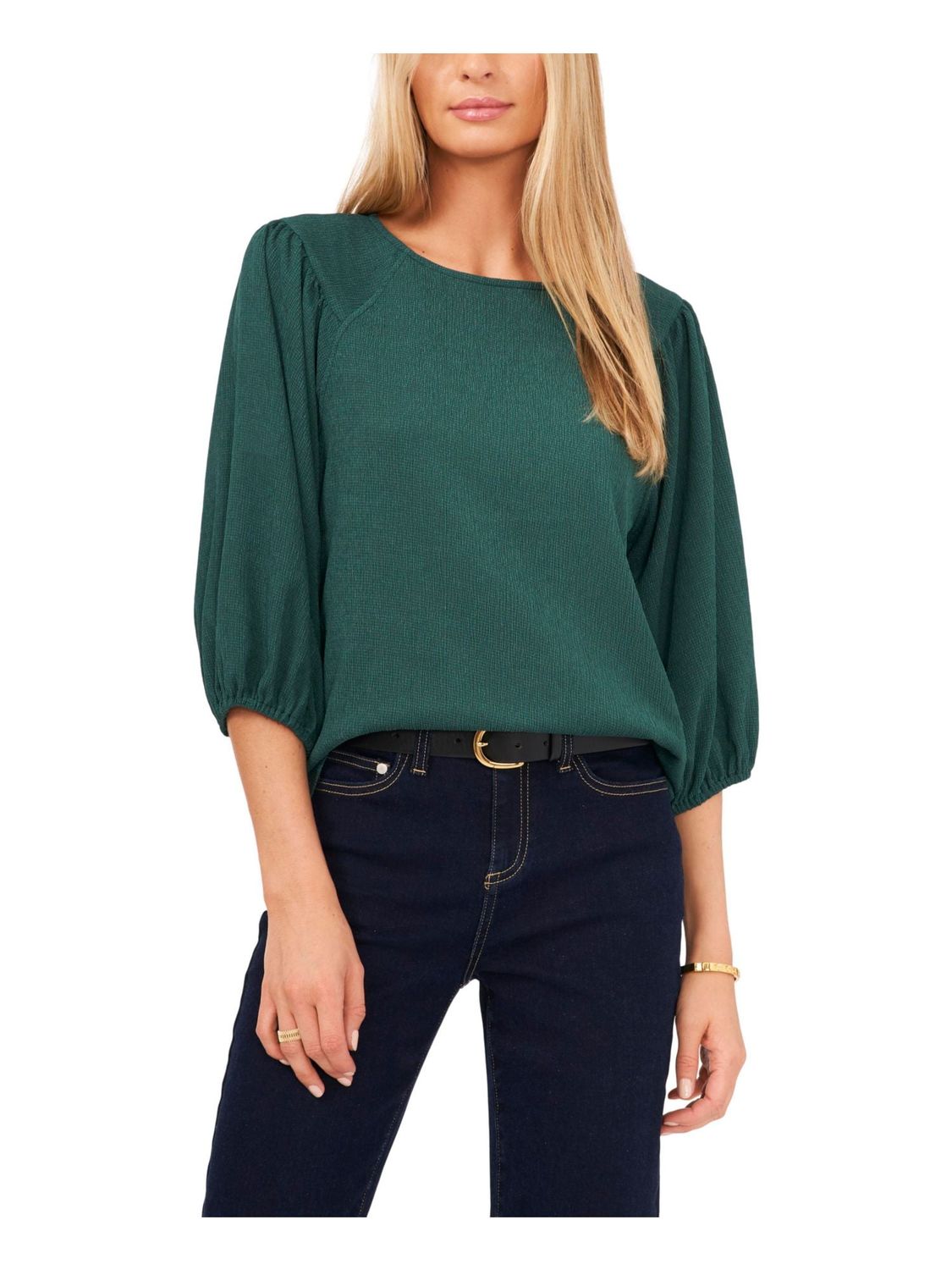 VINCE CAMUTO Womens Green Textured Pullover Elastic Cuffs 3/4 Sleeve Round Neck Wear To Work Top XL