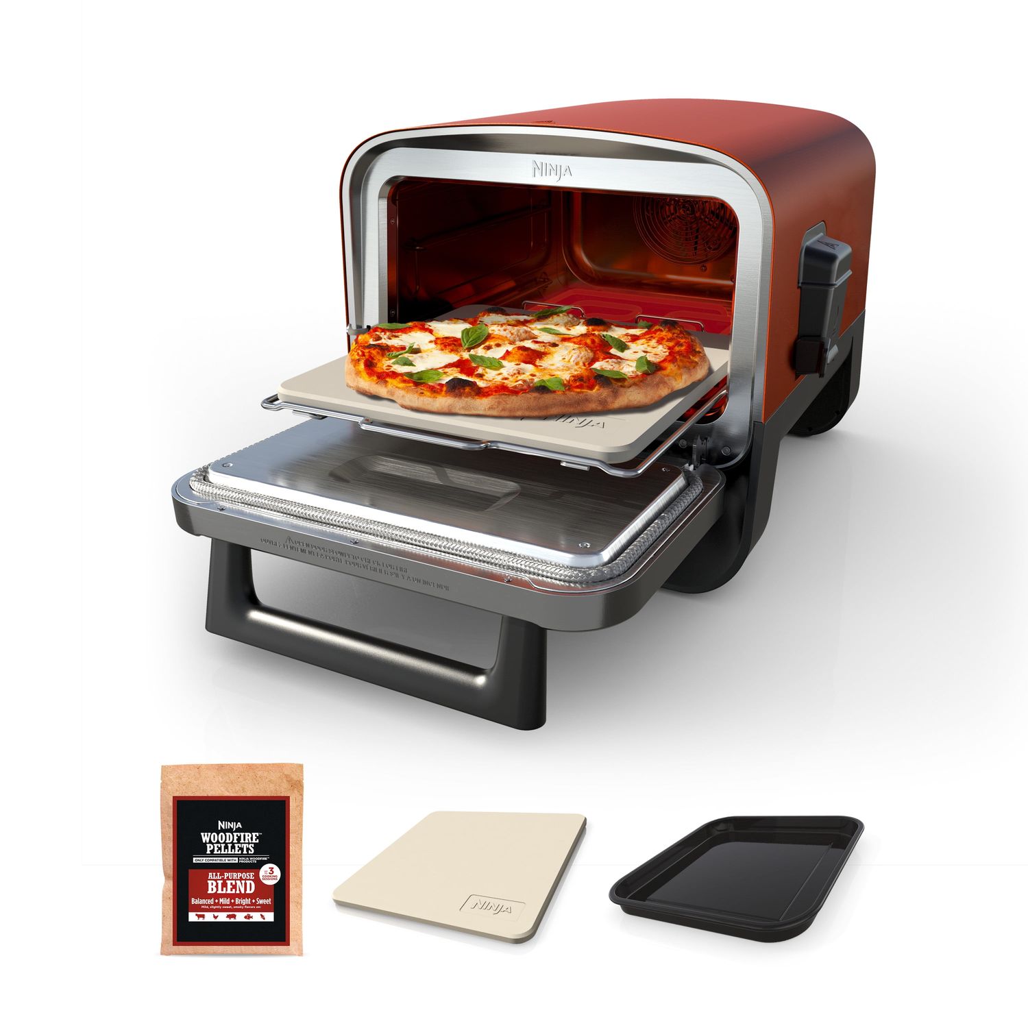 Ninja Woodfire™ Pizza Oven, 8-in-1 outdoor oven, 5 Pizza Settings, Ninja Woodfire™ Technology, up to 700°F heat, BBQ smoker, electric