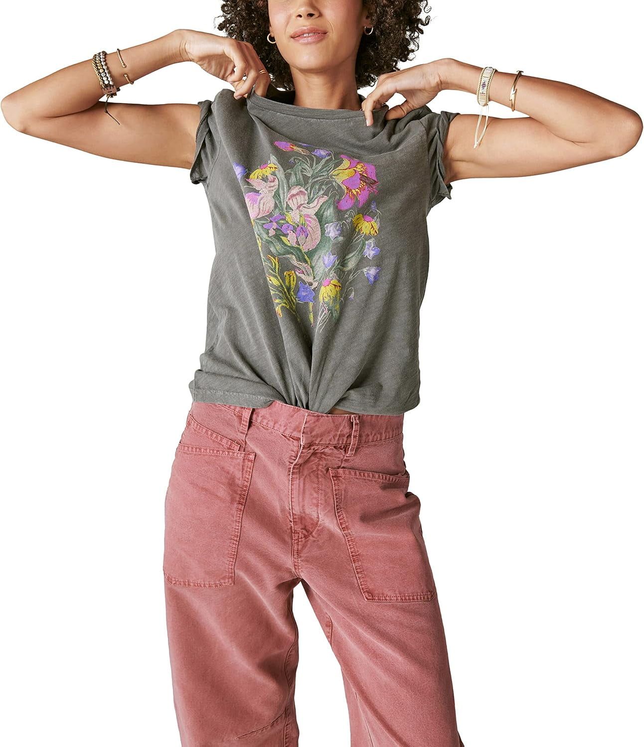 Lucky Brand Women’s Faded Neon Floral Classic Crew T-Shirt, Plum Kitten, Large