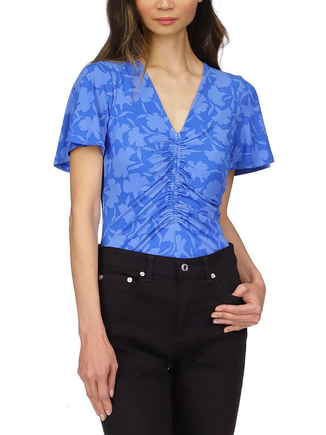 MICHAEL Michael Kors Womens Petites Printed Ruched Pullover Top