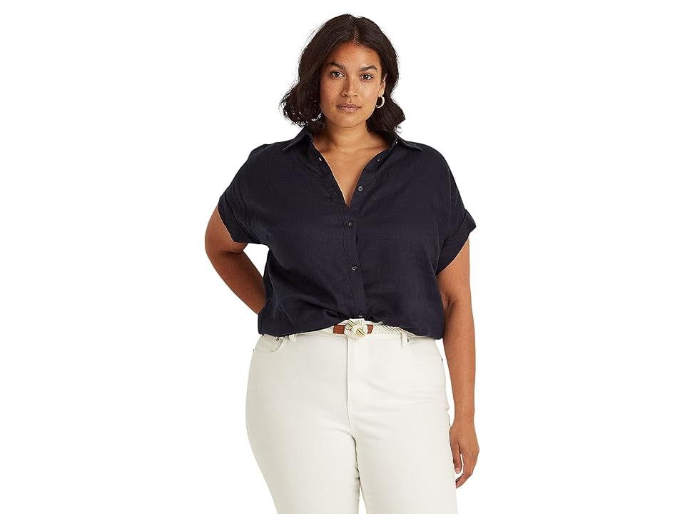 Lauren Ralph Lauren Plus Size Linen Dolman-Sleeve Shirt (Lauren Navy) Women&#39;s Clothing