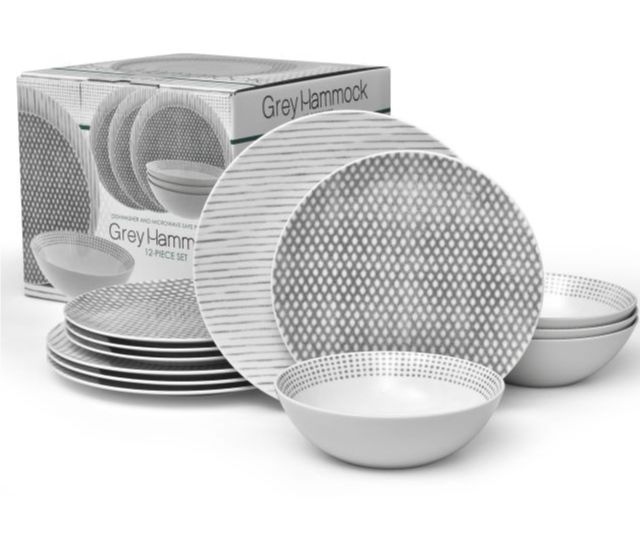 Grey Hammock 12-Piece Coupe (Grey) Porcelain Dinnerware Set, Service for 4