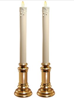LumaBase Battery Operated Wick Flame Taper Candles with Metal Holders - Set of 2