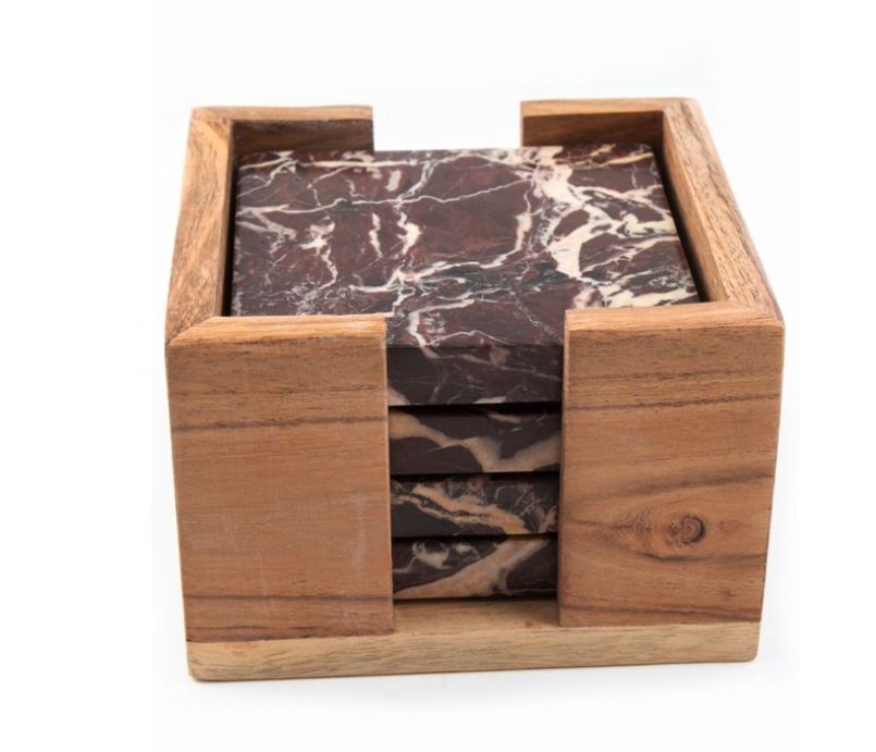 Thirstystone Set of 4 Cherry Marble Coasters with Wood Holder, 5 x 5