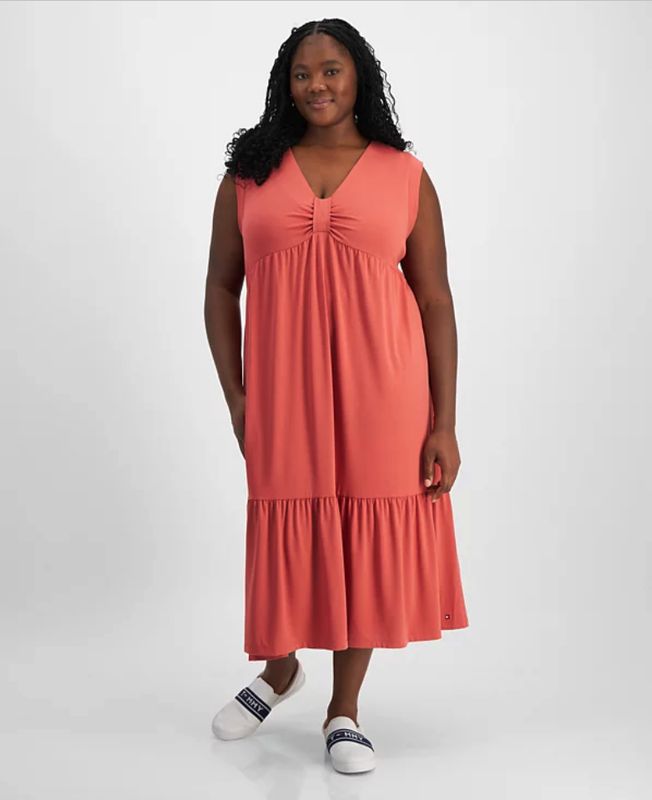 Tommy Hilfiger Plus Size Solid Tiered Sleeveless MIDI Dress - Mineral Red  0X US