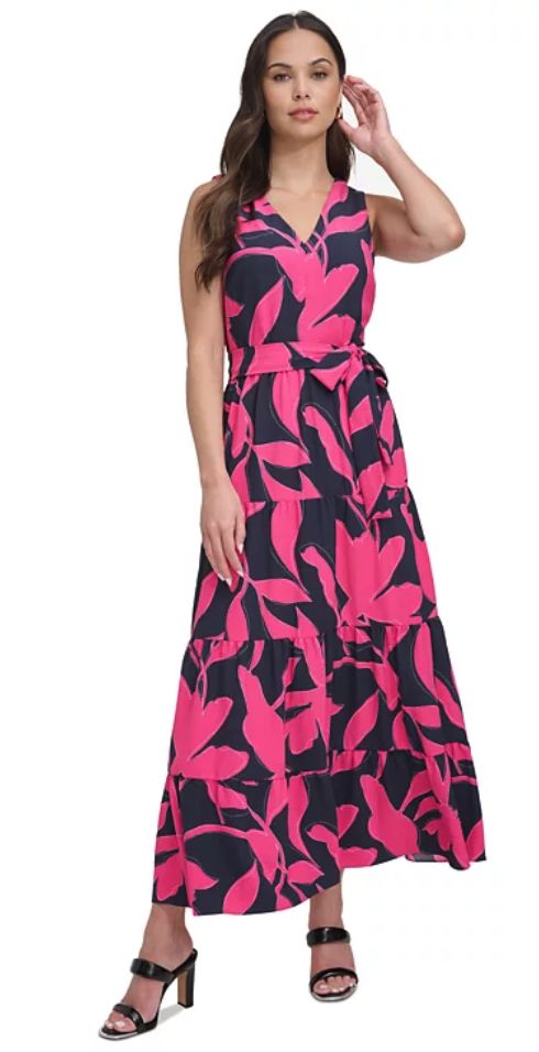 Dkny Women&#39;s Sleeveless V-Neck MIDI Dress - Navy/Pink 14US