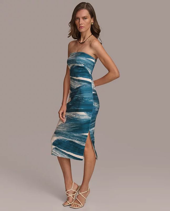 Donna Karan Women&#39;s Printed Strapless MIDI Dress - Tide Canvas 12US