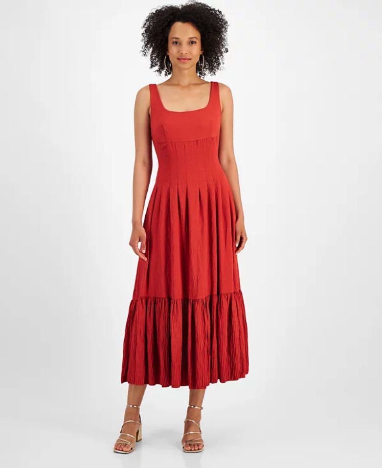 Women&#39;s Taylor Square Neck Pleat Tiered MIDI Dress, Size: 8