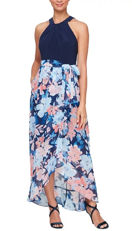 Sl Fashions Women&#39;s Twist-Neck Floral-Skirt Maxi Dress - Navy Multi 18US