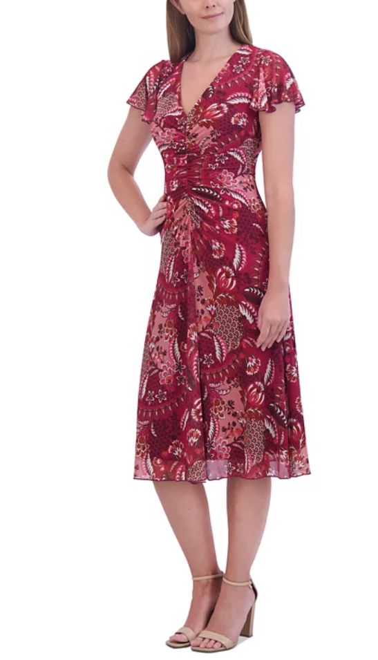 Jessica Howard Women&#39;s Printed V-Neck Ruched MIDI Dress - Wine Multi 14 US