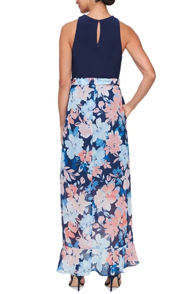 Womens Full Length Floral Print Halter Dress