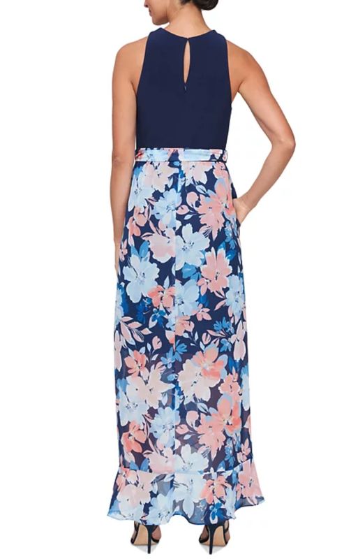 Womens Full Length Floral Print Halter Dress