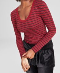 On 34th Women&#39;s Metallic Stripe Scoop-Neck T-Shirt, Created for Macy&#39;s - Port/rhubarb Combo S US
