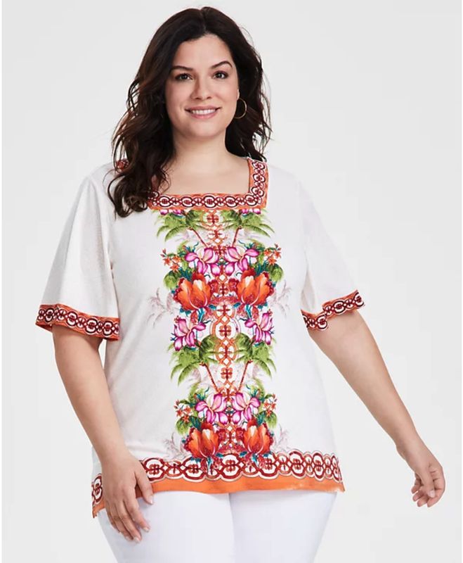 Jm Collection Plus Size Julia Jungle Square-Neck Top Neo Natural Combo