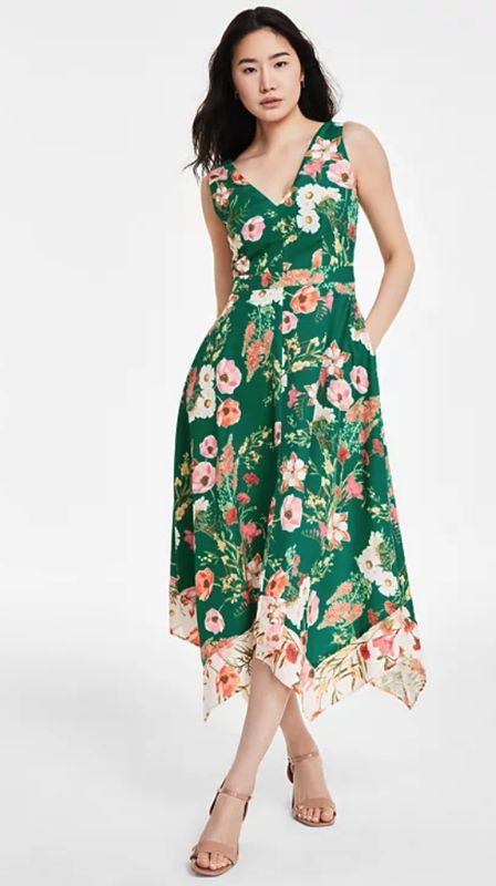 Vince Camuto Womens Floral-Print Handkerch Green Multi 14