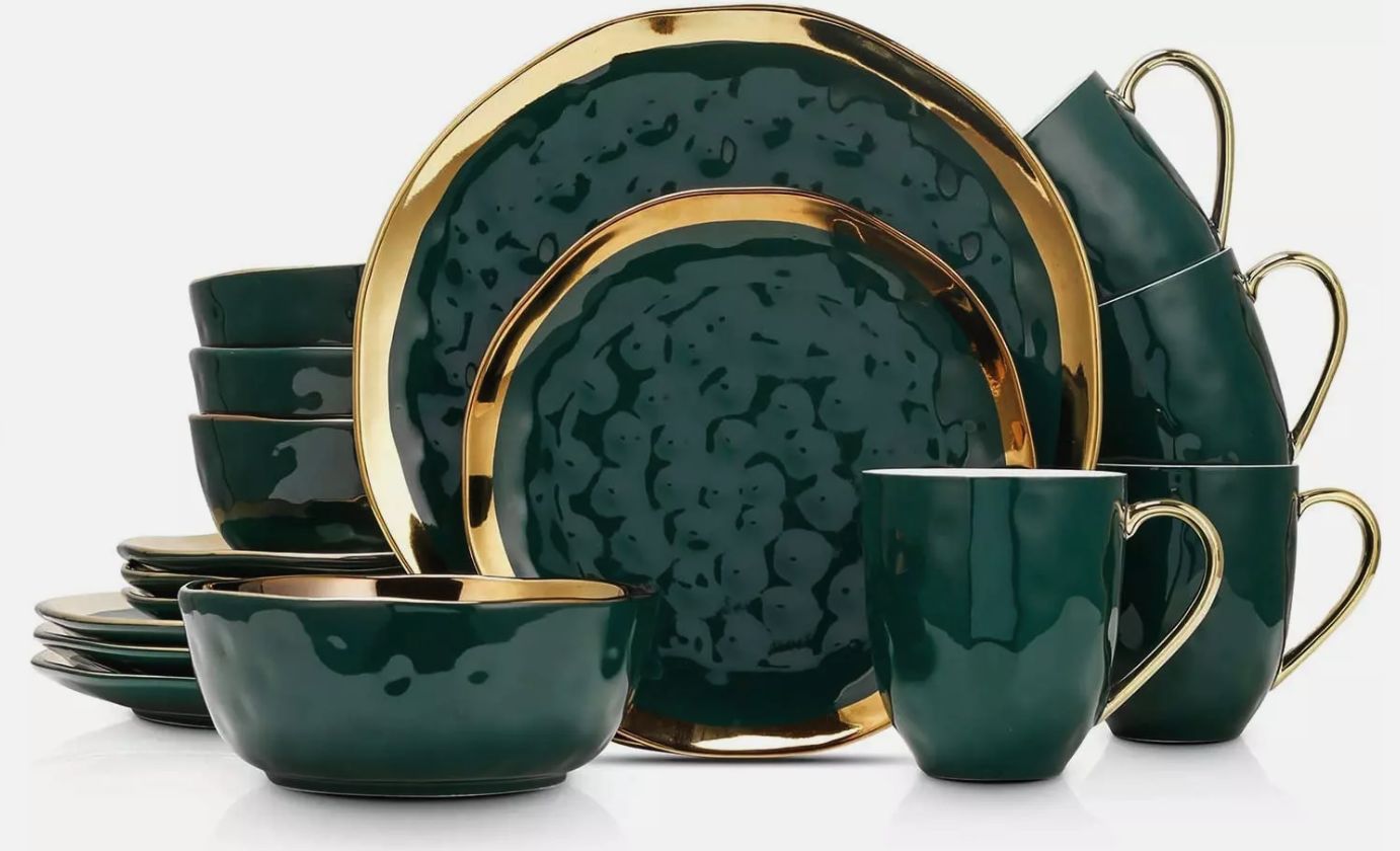 Porcelain 16 Piece Dinnerware Set, Service for 4, Green and Golden Rim