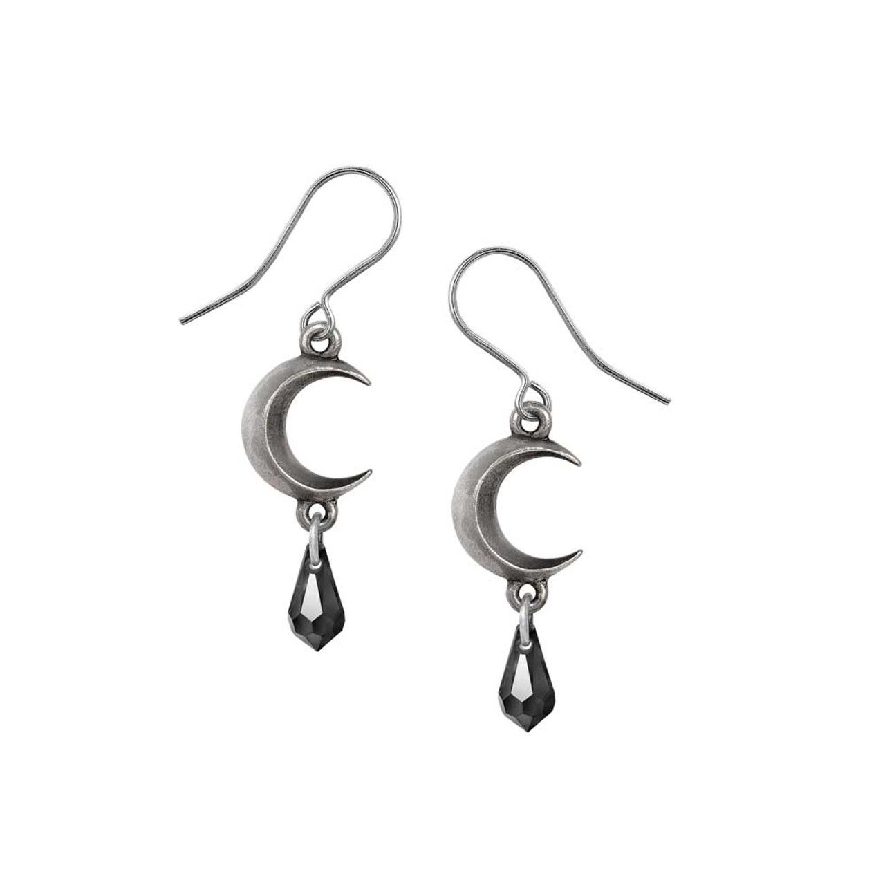 Crescent Moon Earrings with Jet Black Drop Austrian Crystals