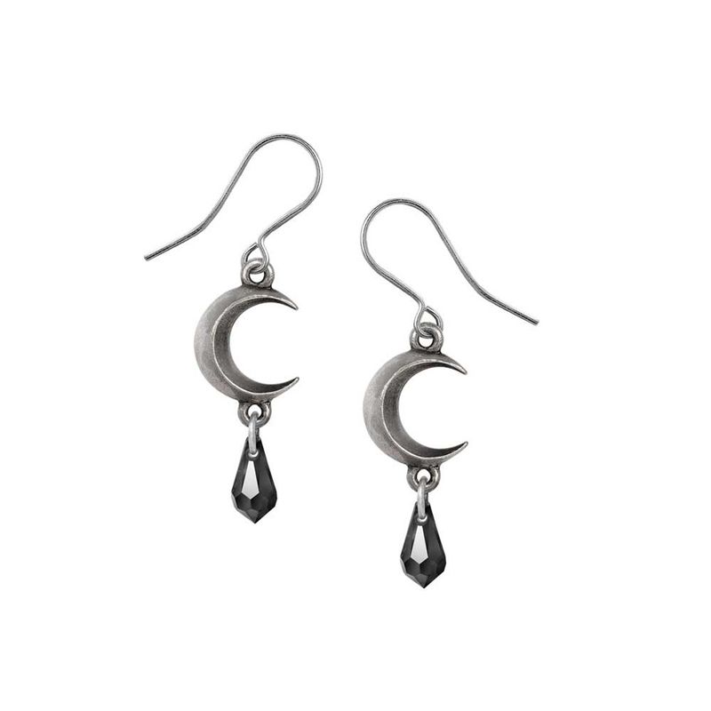 Crescent Moon Earrings with Jet Black Drop Austrian Crystals