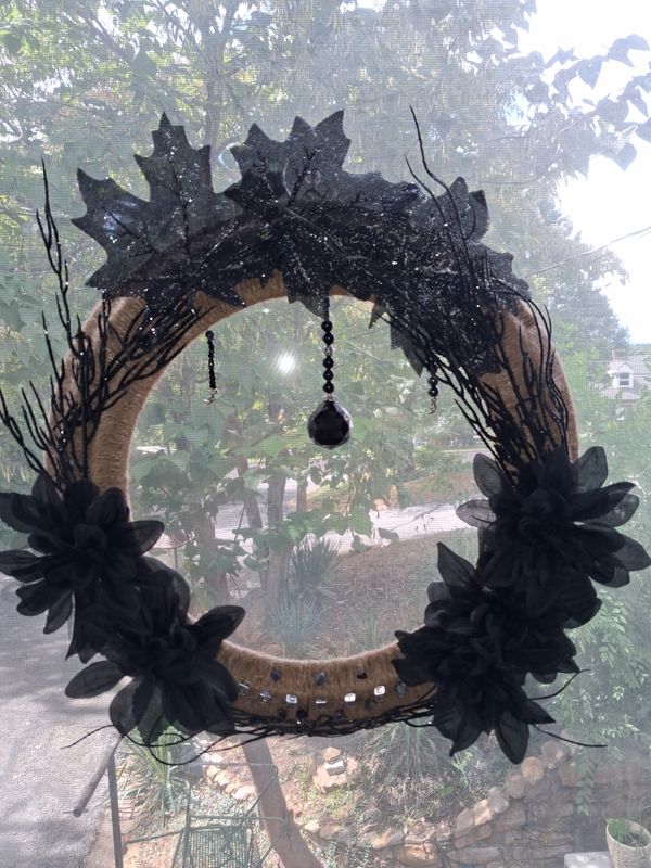 Black and Silver Suncatcher Wreath with Crystals and Healing Stones to Honor Hecate, The Ancient Greek Goddess of Magic, Witchcraft, and the Crossroads