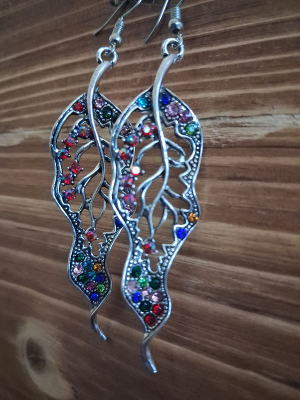 Colorful Silver Toned Leaf Earrings with Crystals on French Hooks ~ Sparkles with Light On Your Ears