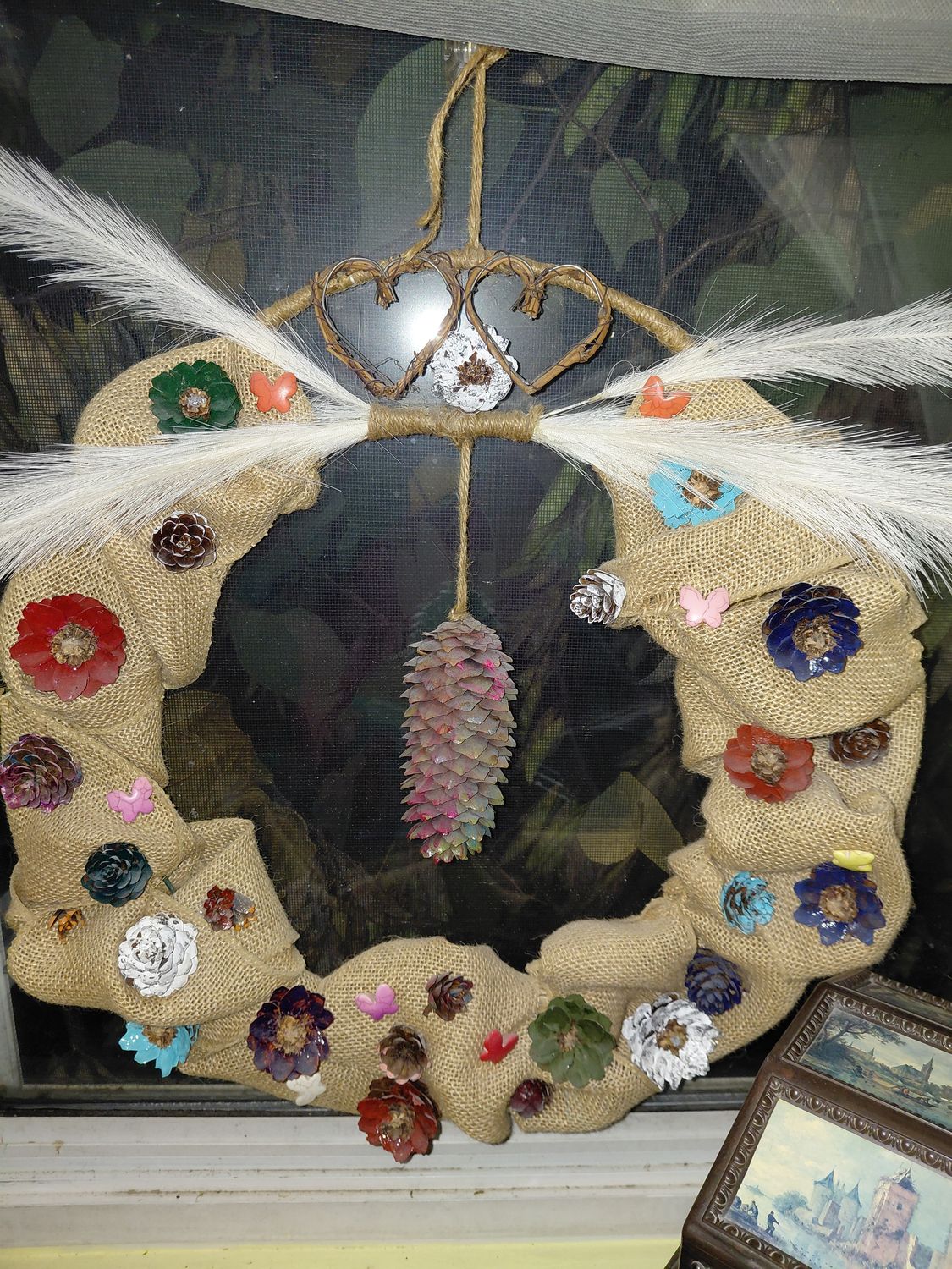 Hand-Painted Pinecone and Burlap Wreath For Front Door or Interior Wall