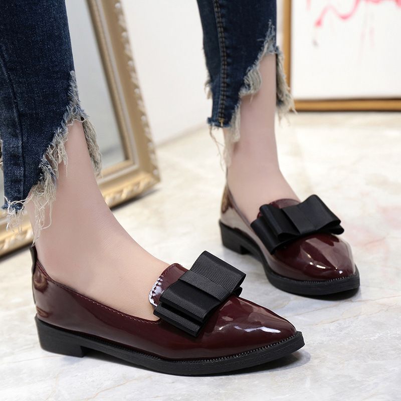 Spring And Autumn Korean Style Bow Pointed Toe Casual Low-top Single-layer Shoes Women&#39;s Flat Shallow Mouth Simple Leg Commuter Women&#39;s Leather Shoes