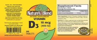 Nature's Blend Vitamin D 400 IU 100 Tablets