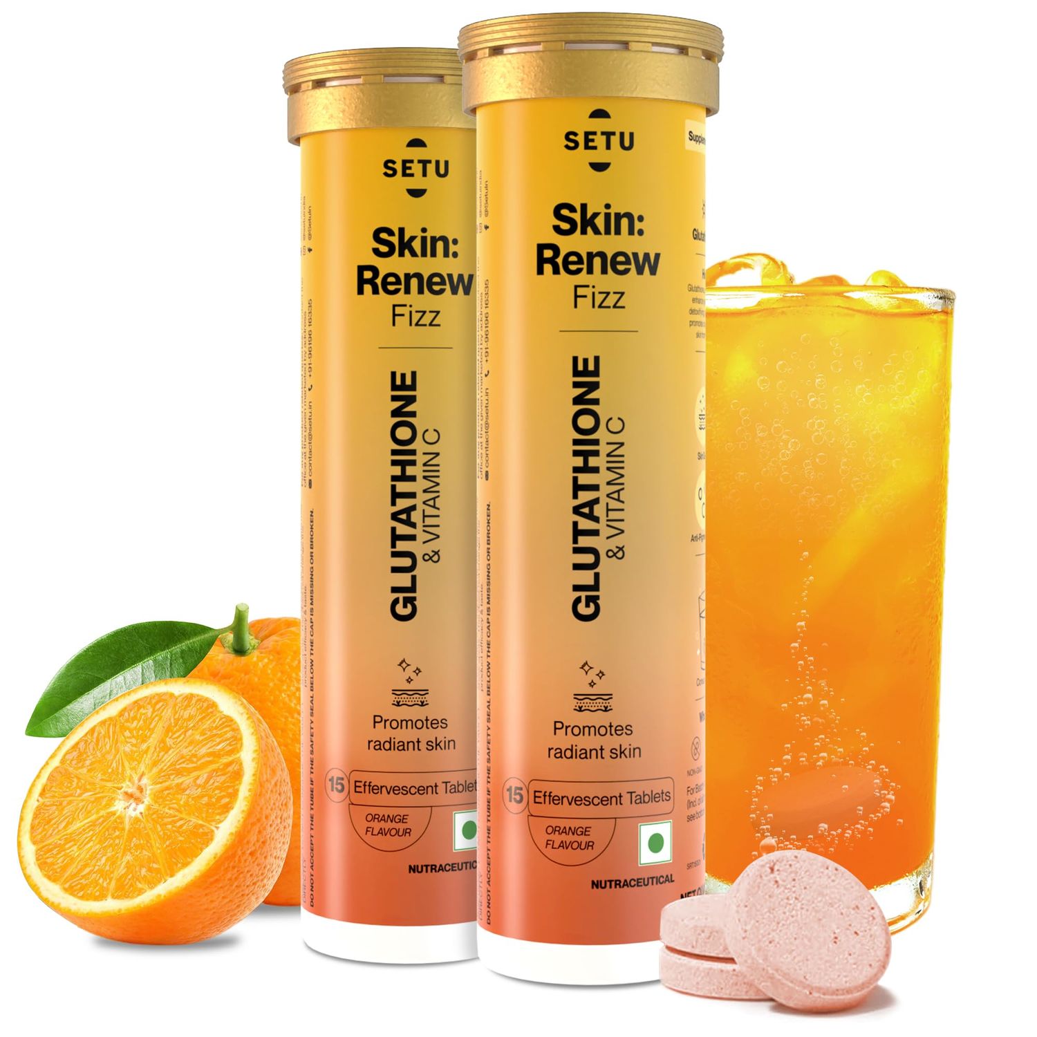 SETU Skin Renew, Glutathione with Vitamin C, Gluta Fizz, Supports Detoxification, Sugar-Free, Orange Flavour, 30 Effervescent Tablets