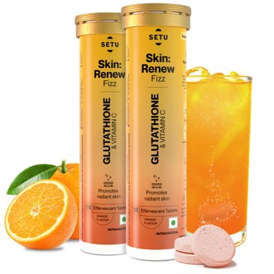 SETU Skin Renew, Glutathione with Vitamin C, Gluta Fizz, Supports Detoxification, Sugar-Free, Orange Flavour, 30 Effervescent Tablets