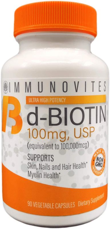 IMMUNOVITES High Dose Biotin (as d-Biotin, USP) 100mg (Equivalent to 100,000mcg) 90 Capsules, High Potency
