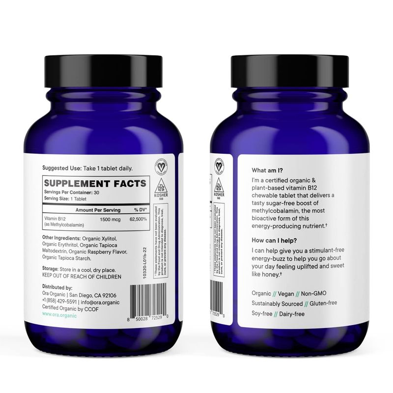 Ora Organic Vitamin B12 1500mcg - Plant-Based methylcobalamin for Adults - Natural Stimulant-Free Energy, Raspberry Flavor chewable Tablets, no Added Sugar - 30 Tablets