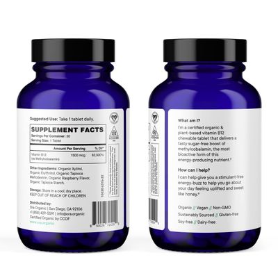 Ora Organic Vitamin B12 1500mcg - Plant-Based methylcobalamin for Adults - Natural Stimulant-Free Energy, Raspberry Flavor chewable Tablets, no Added Sugar - 30 Tablets