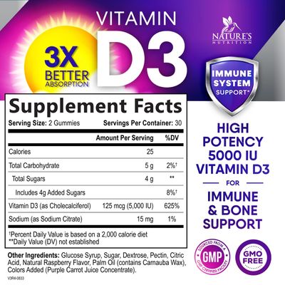 Vitamin D3 Gummy Vitamins Extra Strength 5000 IU (125 mcg) High Potency Vita D Gummies Dietary Supplement - Bone, Teeth, Muscle &amp; Immune Support, Nature's Vitamin D Supplement, Non-GMO - 60 Gummies