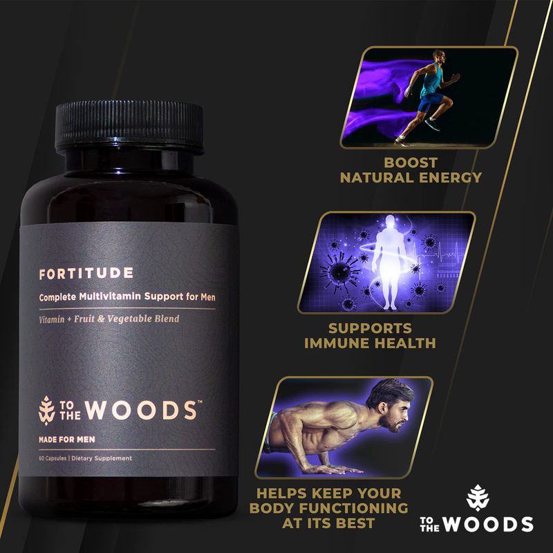 To The Woods Fortitude Complete Multivitamin Support for Men - 20 Organic Raw Fruits &amp; Vegetables, 24 Essential Vitamins &amp; Minerals - Immune Health, Energy Booster (1 Bottle, 30 Capsules)