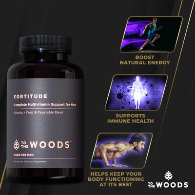 To The Woods Fortitude Complete Multivitamin Support for Men - 20 Organic Raw Fruits &amp; Vegetables, 24 Essential Vitamins &amp; Minerals - Immune Health, Energy Booster (1 Bottle, 30 Capsules)