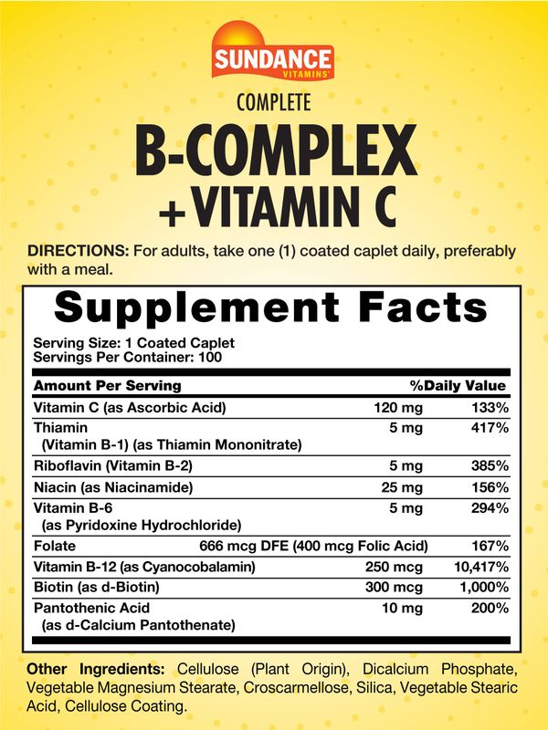 Sundance Complete B-Complex with Vitamin C | 100 Caplets | Essential Vitamin Formula | Vegetarian, Non-GMO, and Gluten Free Formula