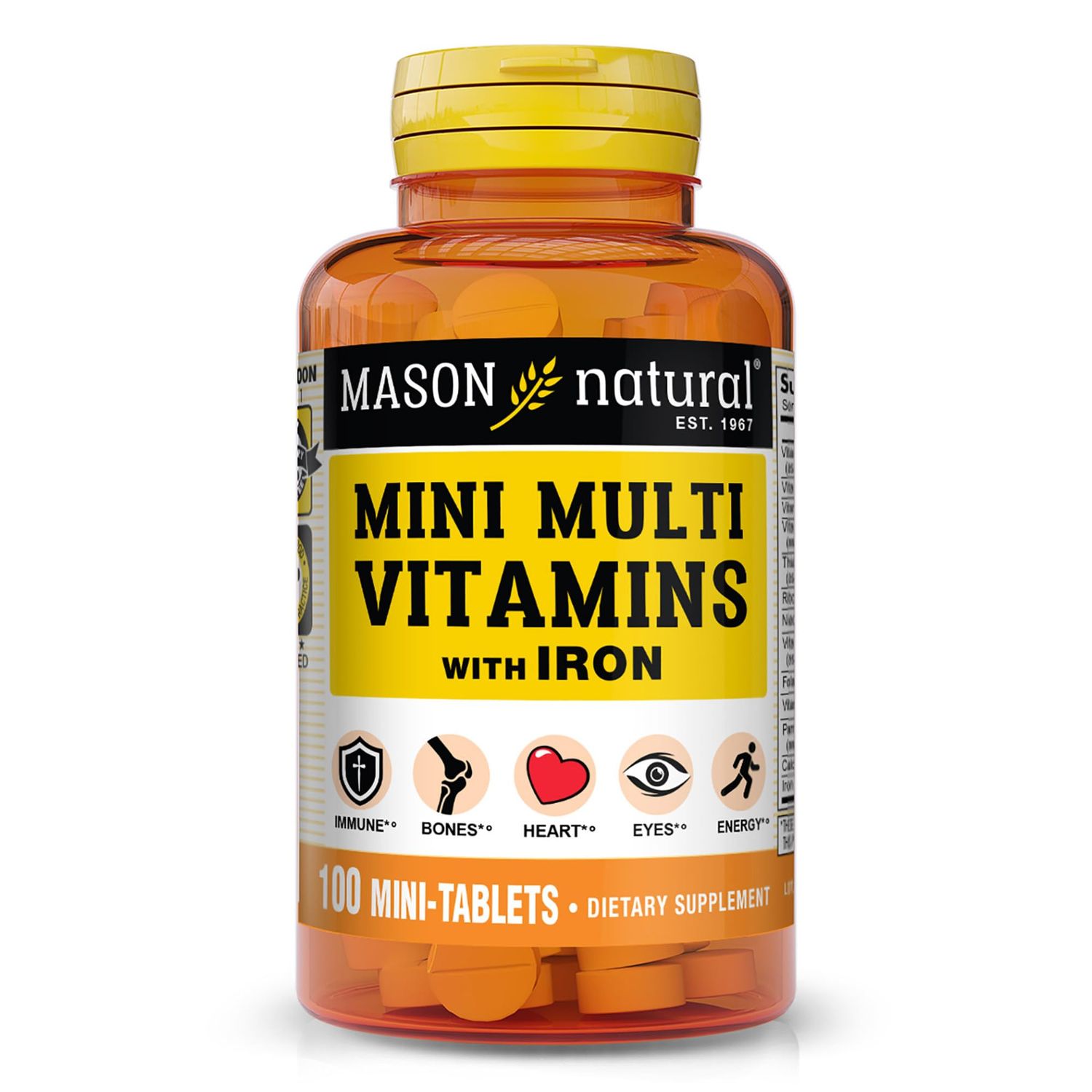 MASON NATURAL Daily Mini Multi Vitamins with Iron, Vitamins A, C, D, E, B1, B2, B3, B6, B12, Folate &amp; Calcium, 100 Day Supply