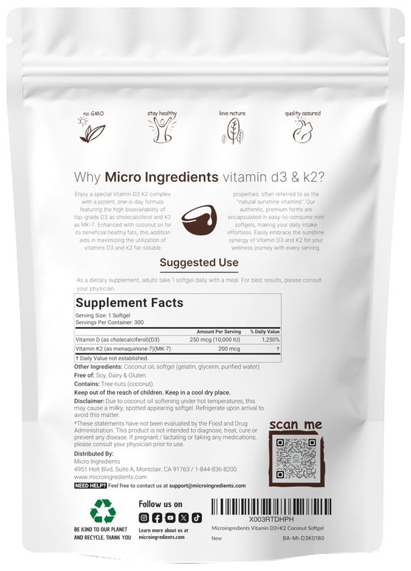 2 Pack Vitamin D3 10000 iu Plus K2 (MK-7) 200 mcg, 300 Virgin Coconut Oil Softgels | 2 in 1 Vitamins D &amp; K Complex | Supports Calcium Absorption, Bone, Immune, &amp; Heart Health - Easy to Swallow