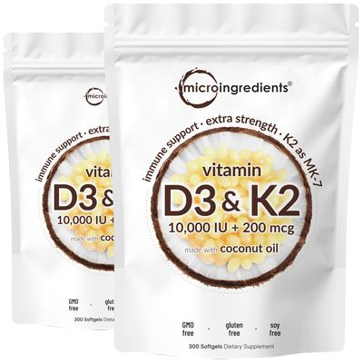 2 Pack Vitamin D3 10000 iu Plus K2 (MK-7) 200 mcg, 300 Virgin Coconut Oil Softgels | 2 in 1 Vitamins D &amp; K Complex | Supports Calcium Absorption, Bone, Immune, &amp; Heart Health - Easy to Swallow