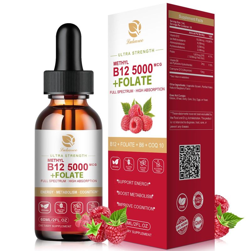 Lukaree Vitamin B12 Sublingual Drops Vegan B12 Vitamins Liquid - 5000 mcg Methylcobalamin, 3000 mcg Adenosyl &amp; 2000 mcg Hydroxy B12, Energy, Focus, Mood &amp; Immune Support - 2 Month Supply, 2 fl oz