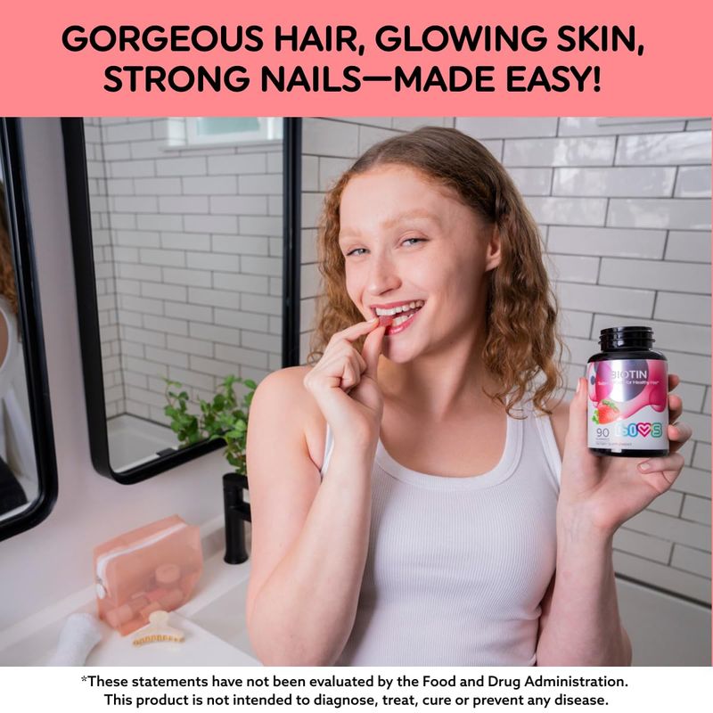 LIVS Biotin - Biotin Gummies, Gummy Vitamin for Hair, Skin, and Nail Growth, Biotin Supplement 10,000 mcg, No Artificial Flavors, Strawberry Flavor, 90 Count