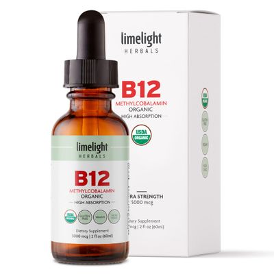 LIMELIGHT HERBALS USDA Organic B12 Drops I No Additives I Extra Strength 5000 mcg Methylcobalamin I Supports Energy Production, Nerve Health, Cognitive Function I Vegan, Non-GMO, Made in USA