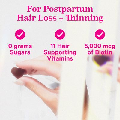 Pink Stork Postpartum Hair Loss Gummies - Biotin with Vitamin E, Pantothenic Acid, B6 &amp; B12 for Beautiful &amp; Strong Hair, Skin, and Nails - Postpartum Essentials for New Moms - 60 Gummy Vitamins